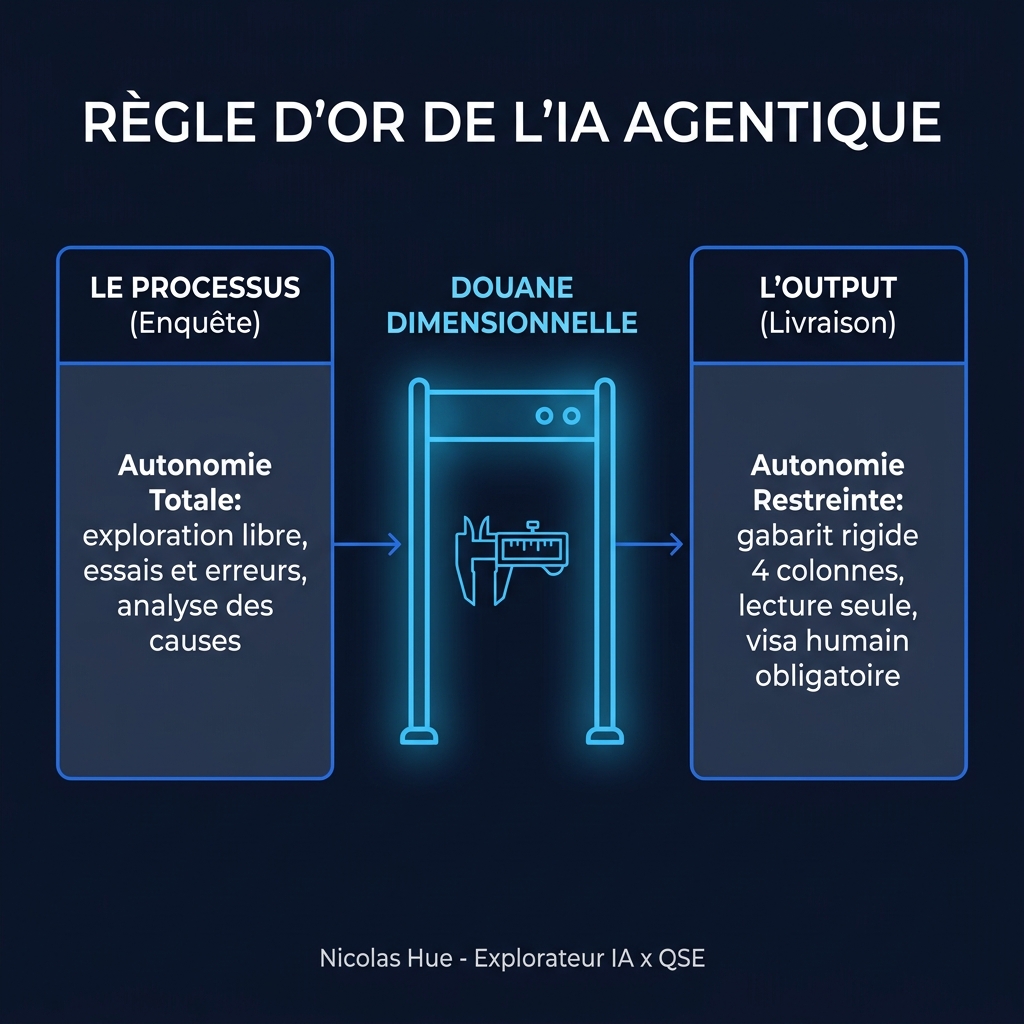 Schéma d'architecture agentique : autonomie totale dans le processus d'enquête et autonomie restreinte avec gabarit rigide dans l'output