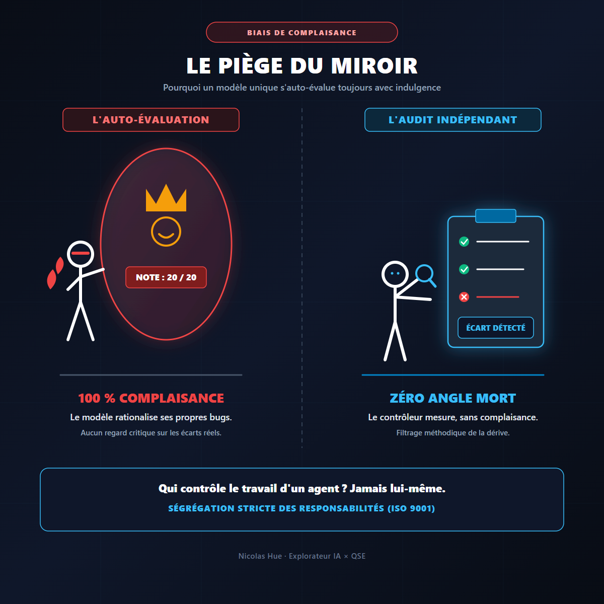 Schéma illustrant le biais de complaisance : comparaison entre l'auto-évaluation indulgente d'un modèle unique et l'audit contradictoire indépendant