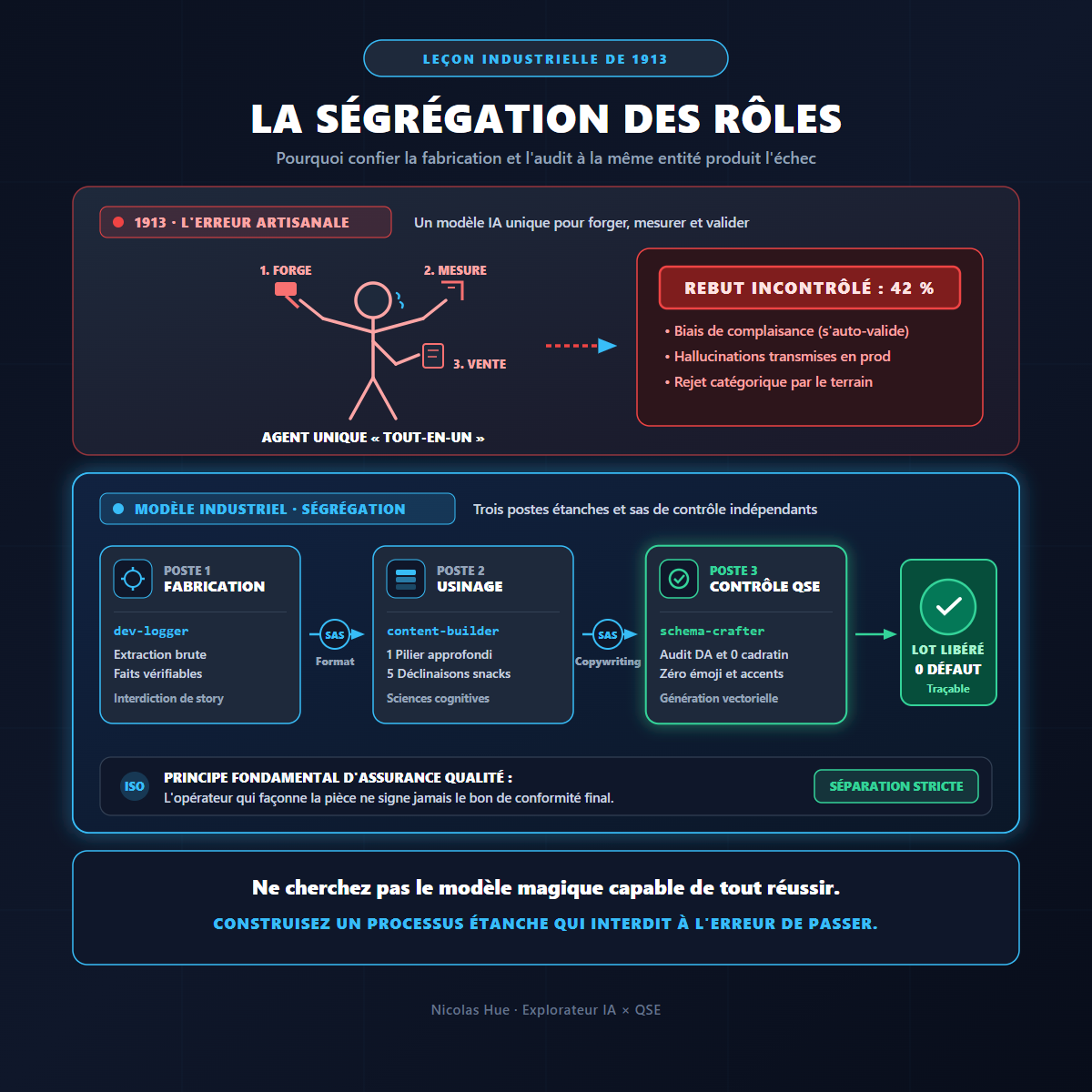 Schéma méthodologique comparant l'artisanat industriel de 1913 avec 42 % de rebut au modèle ségrégué en trois postes étanches et sas de contrôle QSE
