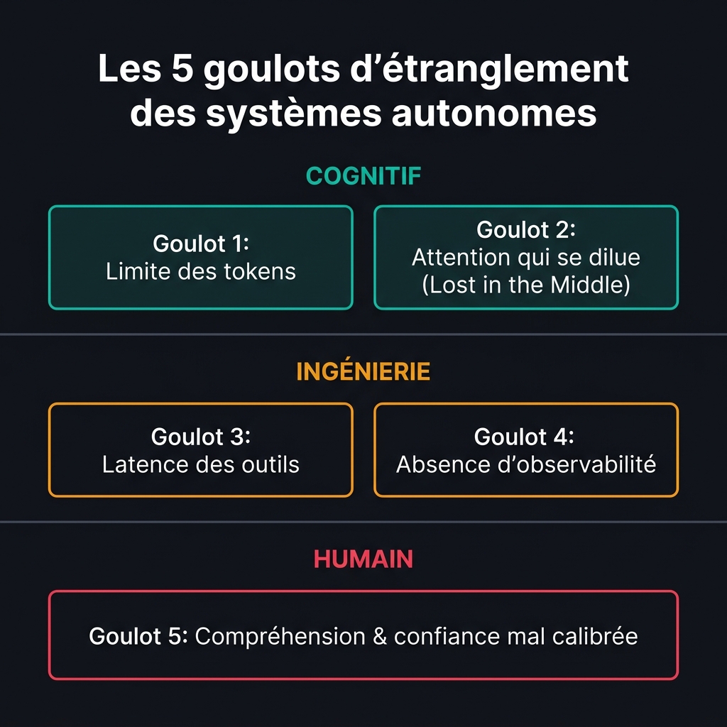 Schéma des 5 goulots d'étranglement des systèmes autonomes organisés en 3 niveaux